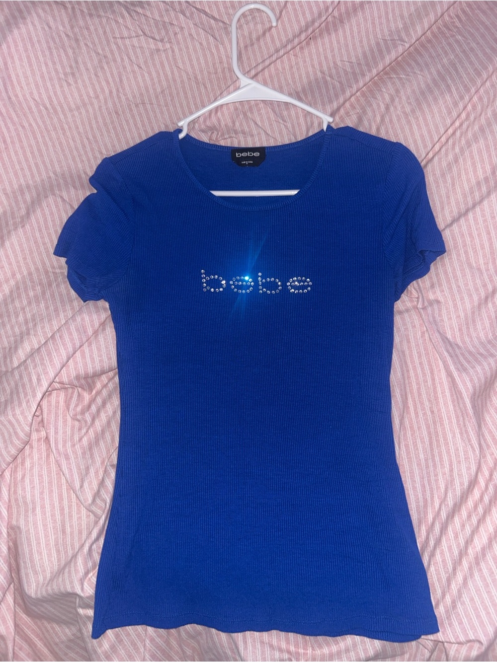 bebe Cobalt Blue Short Sleeve Tee with Rhinestone Logo